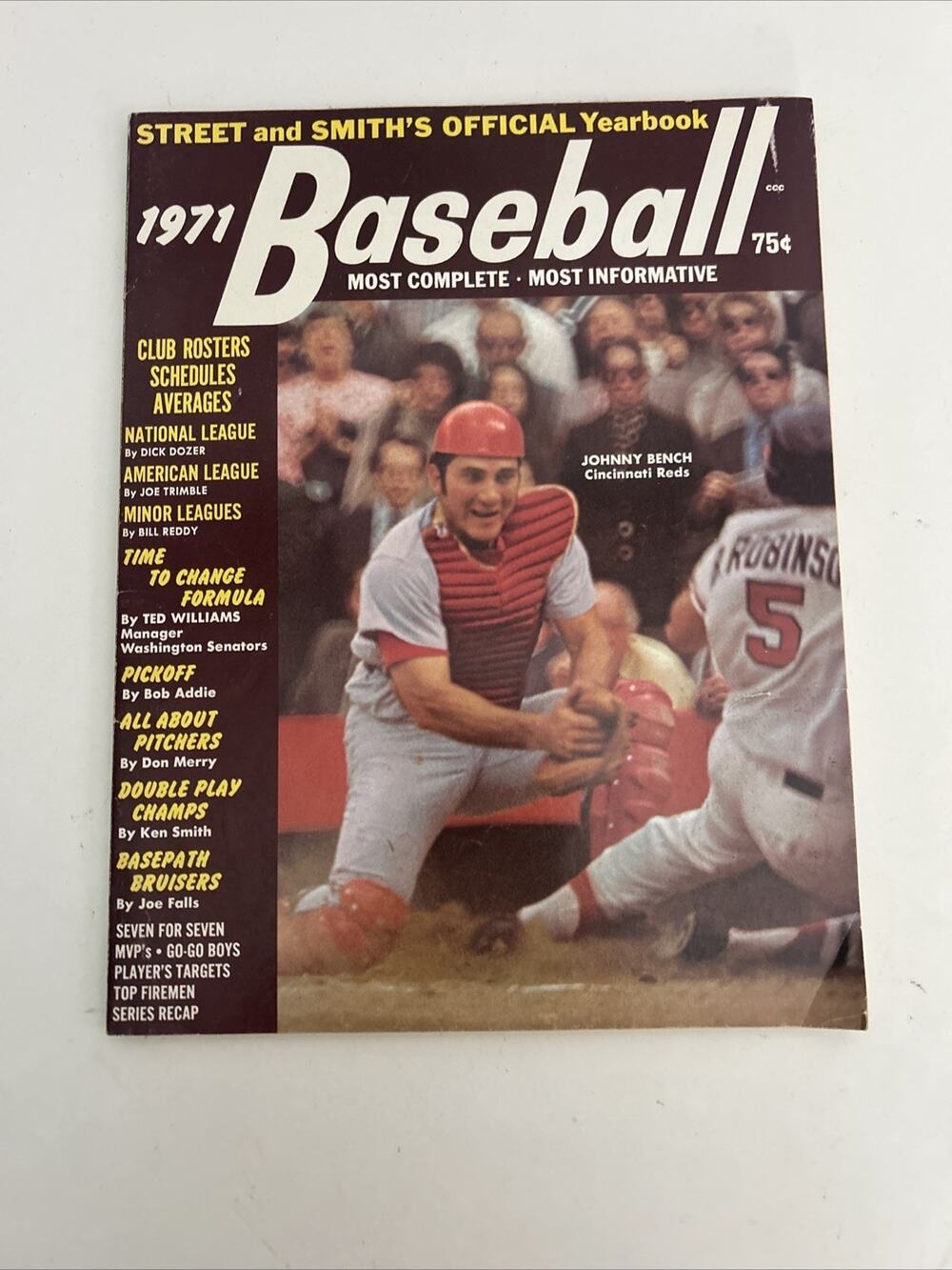 JOHNNY BENCH COVER,1971 STREET & SMITH BASEBALL YEARBOOK,VG; REDS HOF/FREE P&H